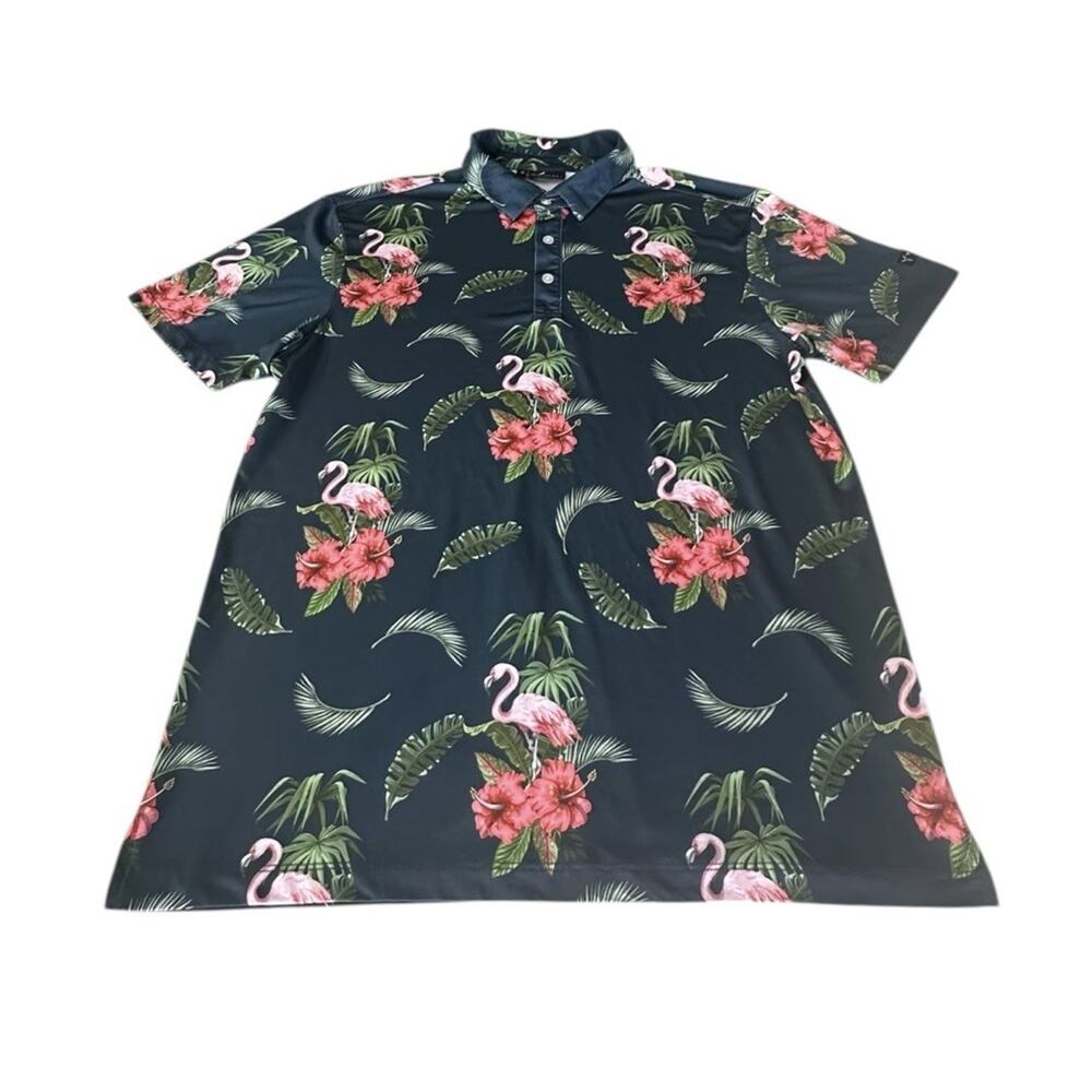 Yatta Golf Polo Shirt Mens M Green Floral Flamingo Performance Preppy Beach